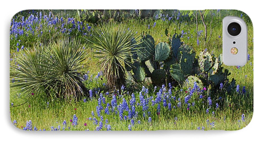 Nature iPhone 7 Case featuring the photograph Spring Cactus, Yucca and Blue Bonnets by Linda Phelps