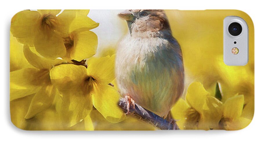 Forsythia iPhone 7 Case featuring the photograph Spring Sparrow by Cathy Kovarik
