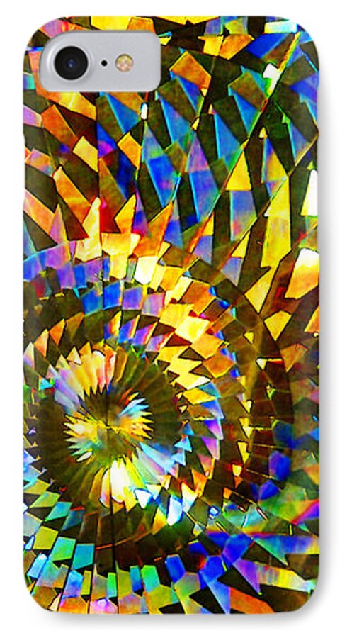 Stained Glass Fantasy Color Swirl Bright Pieced Piecing Abstract; Art; Artistic; Artwork; Background; Colorful; Creative; Decor; Decoration; Decorative; Design; Detail; Light; Mosaic; Pattern; Refraction Mosaic Refracted iPhone 7 Case featuring the photograph Stained Glass Fantasy 1 by Frances Miller