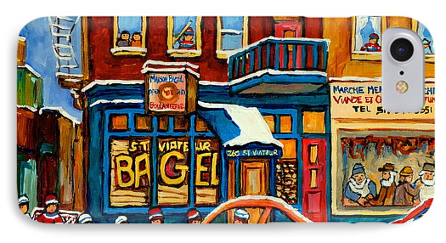 St.viateur Bagel iPhone 7 Case featuring the painting St.viateur Bagel Hockey Montreal by Carole Spandau