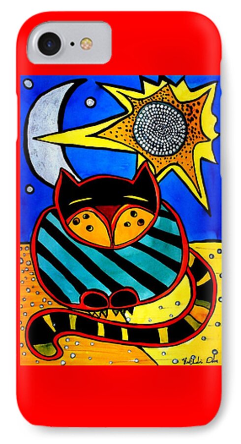 For Kids iPhone 7 Case featuring the painting Sun and Moon - Honourable Cat - Art by Dora Hathazi Mendes by Dora Hathazi Mendes