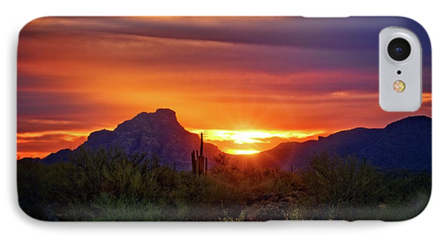Saguaro Sunset iPhone 7 Case featuring the photograph Sun Setting on Red Mountain by Saija Lehtonen
