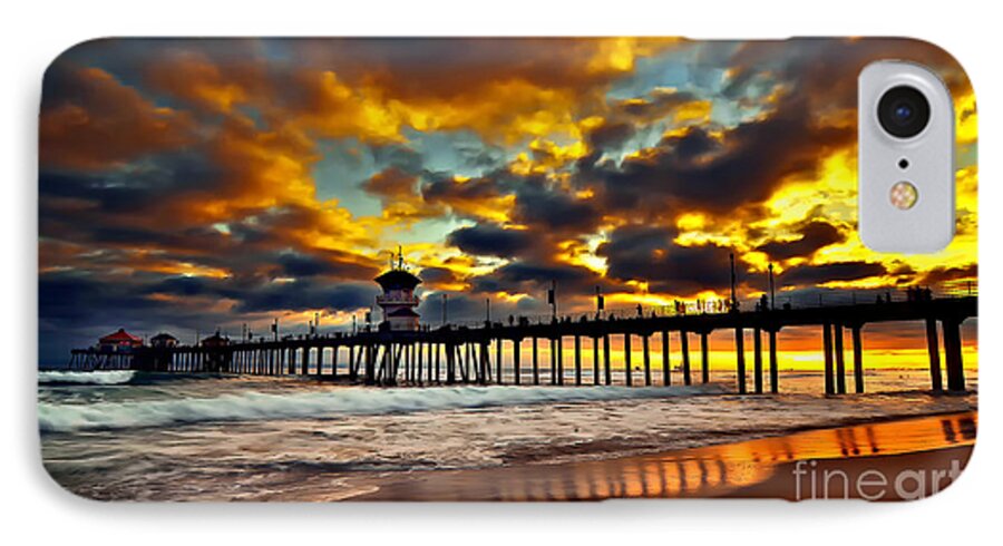 Huntington Beach iPhone 7 Case featuring the pyrography Sunset at Huntington Beach Pier by Peter Dang