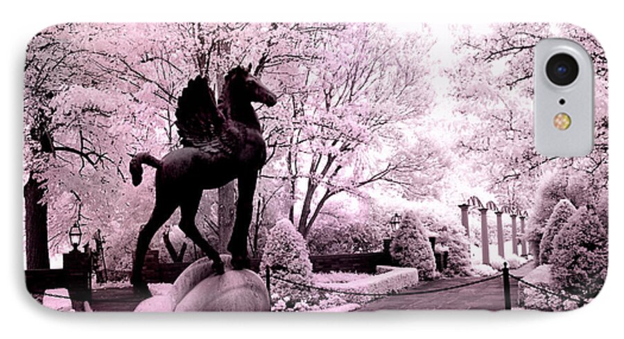 Winged Horse Of Greek Mythology iPhone 7 Case featuring the photograph Surreal Infared Pink Black Sculpture Horse Pegasus Winged Horse Architectural Garden by Kathy Fornal