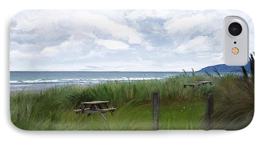 Beach iPhone 7 Case featuring the digital art Tables by the ocean by Debra Baldwin