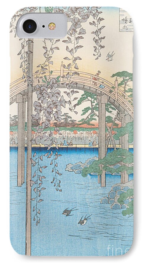 Wooden; River; Tokyo; Flowers; Plant; Blossom iPhone 7 Case featuring the drawing The Bridge with Wisteria by Hiroshige