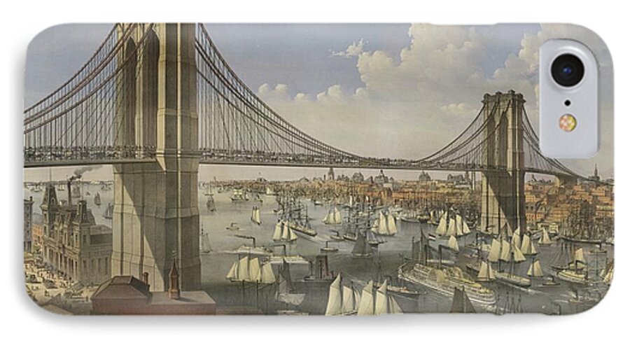 Bridge iPhone 7 Case featuring the painting The Great East River Suspension Bridge by Currier and Ives