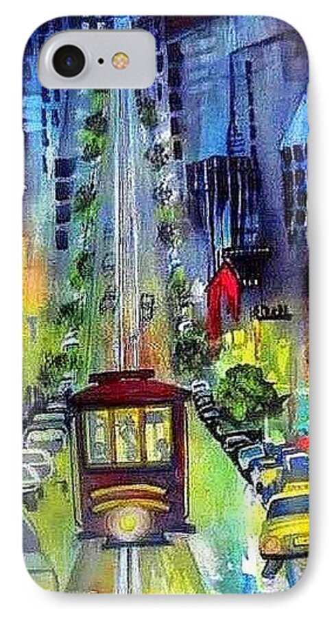 San Francisco Trolley Car City Streets iPhone 7 Case featuring the painting The Night Life by Esther Woods
