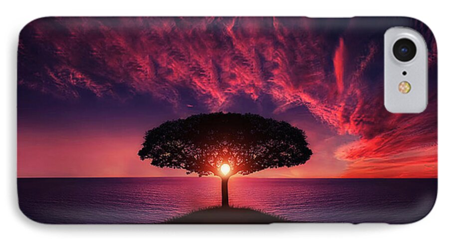 #light #rays #red #sea #sunset #tree #tree-in-sunset #print #fineart #sun #canvasprint iPhone 7 Case featuring the photograph Tree in sunset by Bess Hamiti