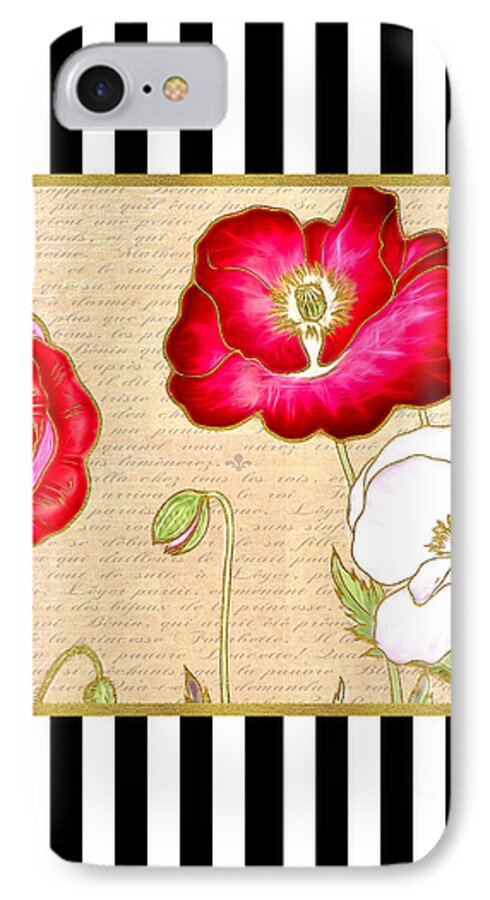 Red Poppies iPhone 7 Case featuring the digital art Trendy Red Poppy Floral Black and White Stripes by Tracie Schiebel
