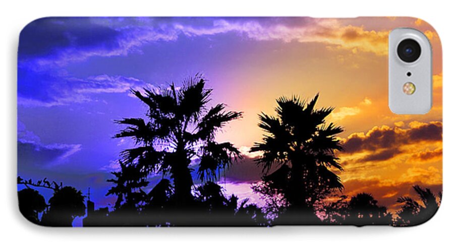 Tropic Tropical Landscape Night Sunset Twilight Evening Trees Palms Silhouette Sky iPhone 7 Case featuring the photograph Tropical Nightfall by Frances Miller