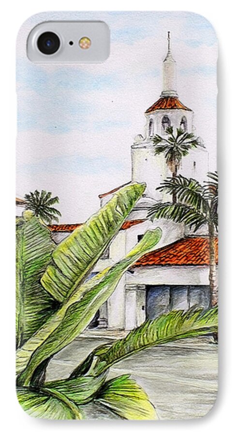 Arlington iPhone 7 Case featuring the drawing Tropical View Arlington Theater Santa Barbara by Danuta Bennett