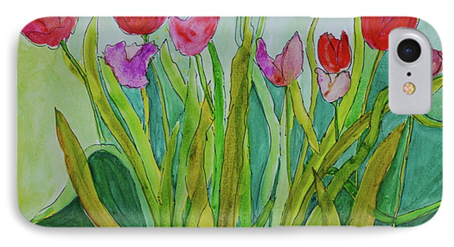 Red iPhone 7 Case featuring the painting Tulips by Teresa Tilley