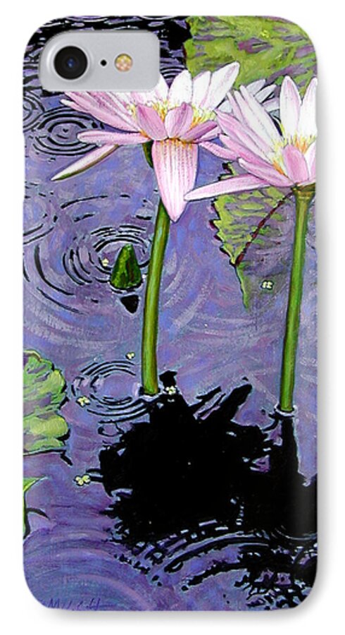 Pink Water Lilies iPhone 7 Case featuring the painting Two Pink Lilies in the Rain by John Lautermilch