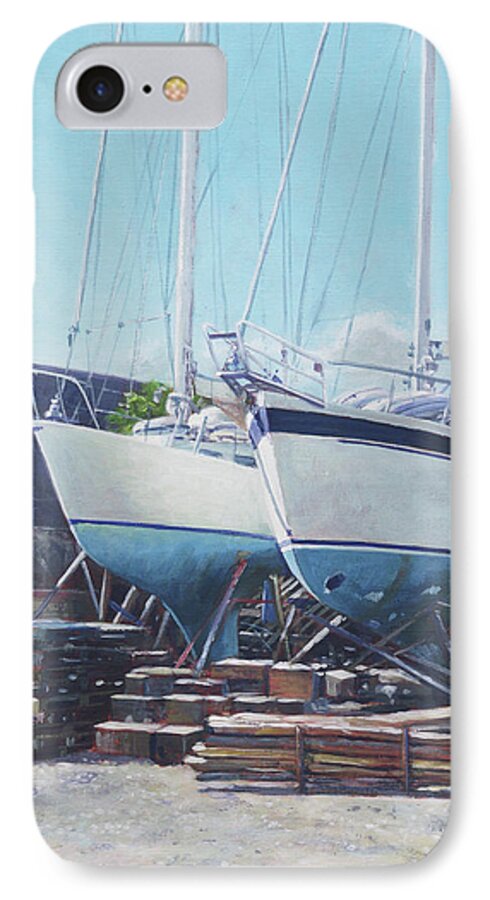 Yachts iPhone 7 Case featuring the painting Two yachts receiving maintenance in a yard by Martin Davey