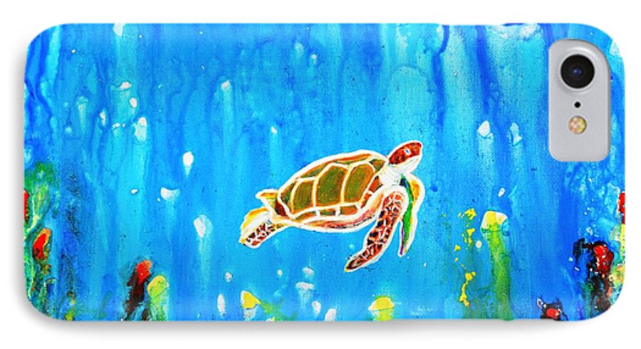 Turtle iPhone 7 Case featuring the painting Underwater Magic 5-Happy Turtle by Manjiri Kanvinde