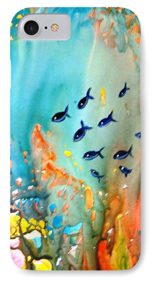 Fish Water Magic Under Coral Reef Sunlight Blue Red Orange Green Yupo Paper Sunlight Rocks iPhone 7 Case featuring the painting Underwater Magic by Manjiri Kanvinde