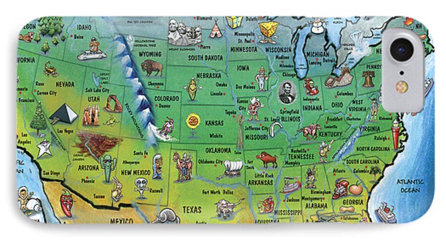 Map iPhone 7 Case featuring the painting USA Cartoon Map by Kevin Middleton