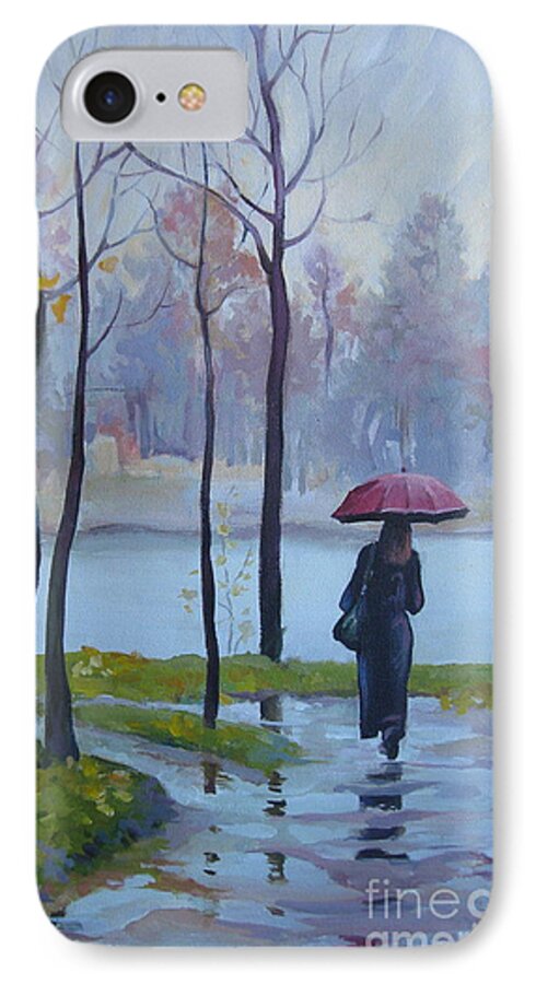 Woman iPhone 7 Case featuring the painting Walking in the rain by Elena Oleniuc
