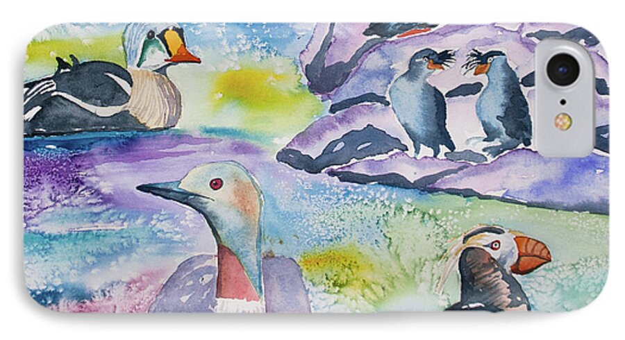 Alaska iPhone 7 Case featuring the painting Watercolor - Alaska Seabird Gathering by Cascade Colors