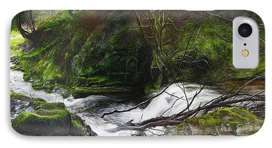 Landscape iPhone 7 Case featuring the painting Waterfall near Tallybont-on-Usk Wales by Harry Robertson