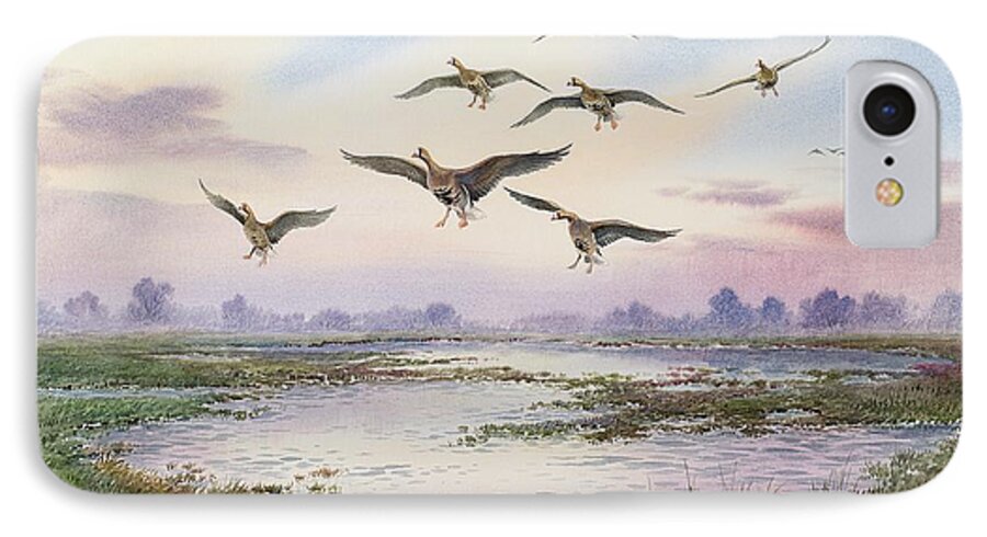 Geese iPhone 7 Case featuring the painting White Fronted Geese Alighting by Carl Donner