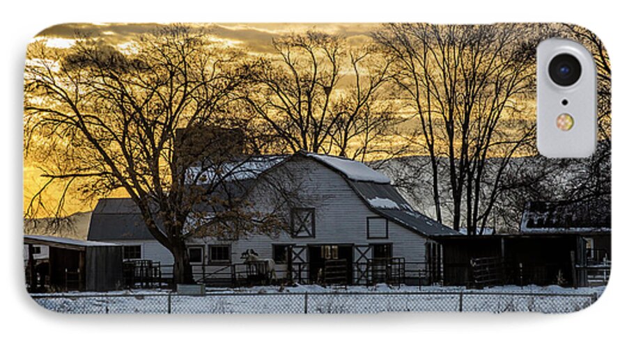 White Barn iPhone 7 Case featuring the photograph Winter Barn at Sunset - Provo - Utah by Gary Whitton