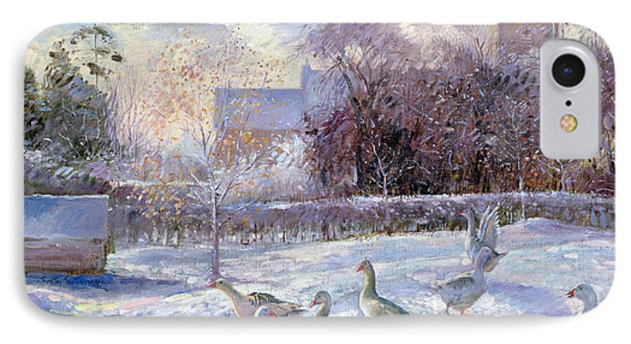 Goose; Snow; Tower; Geese; Trees; Landscape; Winter iPhone 7 Case featuring the painting Winter Geese in Church Meadow by Timothy Easton
