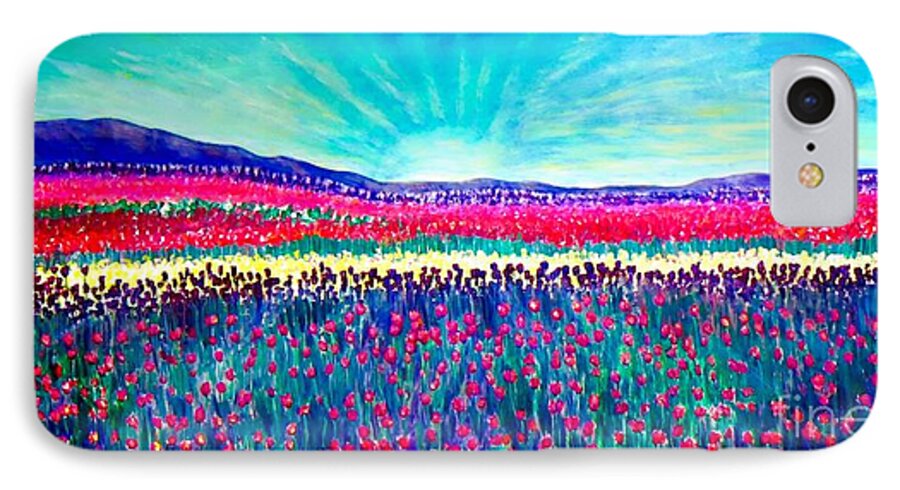 Field Of Bright Tulips Cultivated Flowers Natural Garden Hot And Light Pink Fire Engine Or Candy Red Yellow And Deep Purple Cover The Expanse Of The Field As Far As The Eye Can See With Purple And Blue Mountain Backdrop And A Bright Sunris Coming Up Over The Horizon Inspirational Work Painted In Honor Of Jamilia Nahshe Ahmed Work To Raise Awareness For Leukemia And Money For Cancer And For St. Jude's Nature Scene Flower Painting Acrylic Painting iPhone 7 Case featuring the painting Wishing You the Sunshine of Tomorrow by Kimberlee Baxter