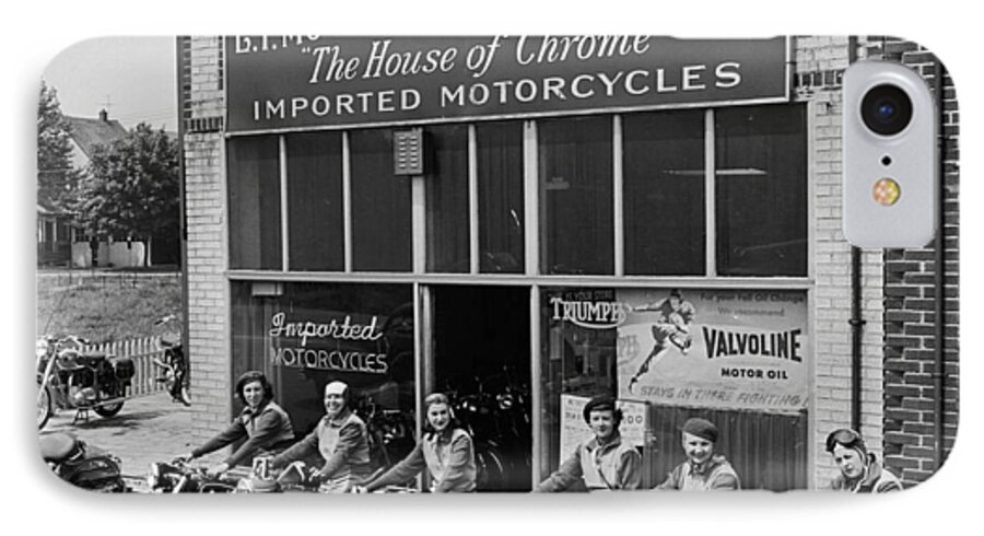 The Motor Maids Of America Outside The Shop They Used As Their Headquarters iPhone 7 Case featuring the photograph The Motor Maids of America outside the shop they used as their headquarters, 1950. by Lawrence Christopher