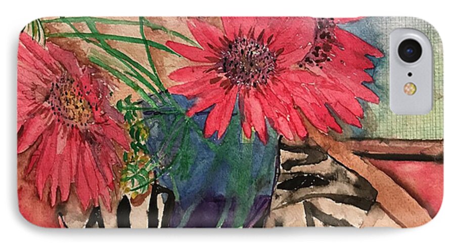 Watercolor iPhone 7 Case featuring the painting Zebra and Red Sunflowers by Dottie Visker