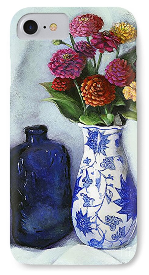 Still Life iPhone 7 Case featuring the painting Zinnias with Blue Bottle by Marlene Book