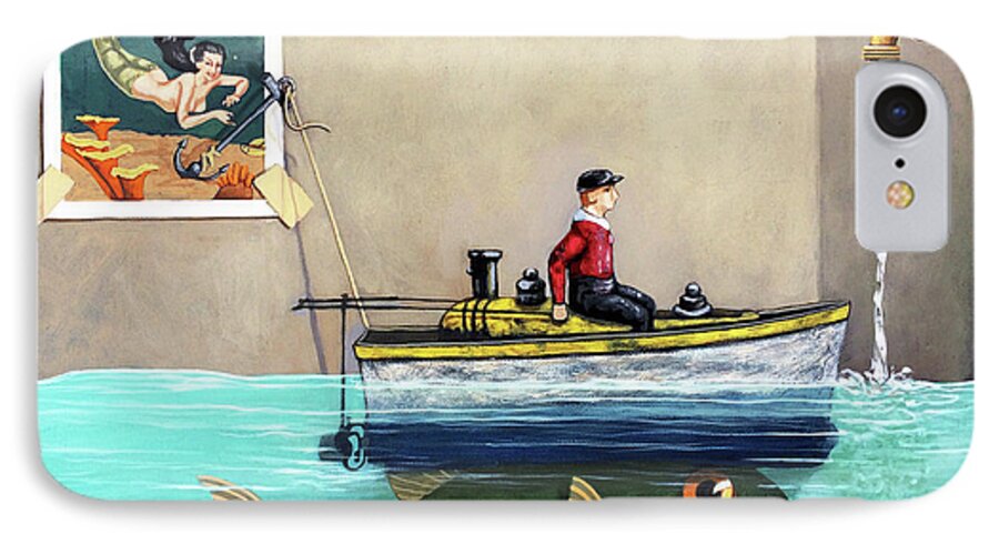 Fisherman iPhone 7 Case featuring the painting Anyfin Is Possible - Fisherman toy boat and Mermaid still life painting by Linda Apple