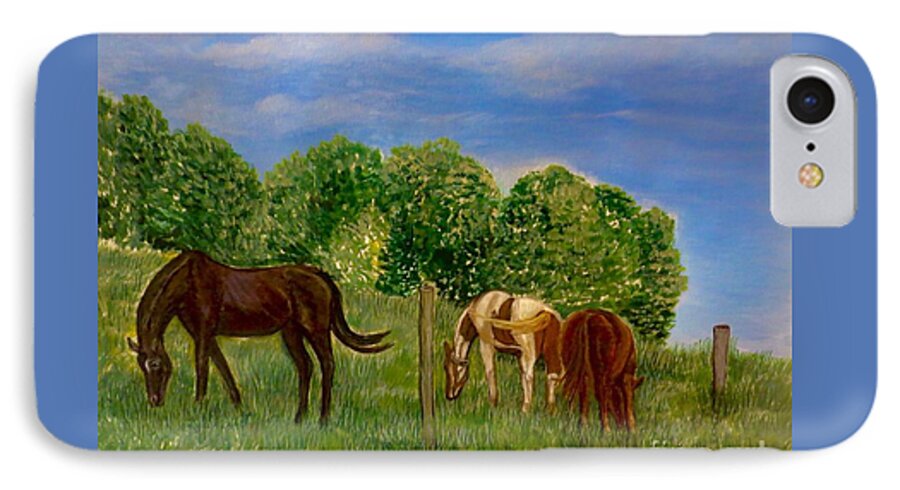Bright Sunny Grassy Field Grasses Thoroughbred Stallion Horses Blount County iPhone 7 Case featuring the painting Field of Horses' Dreams by Kimberlee Baxter