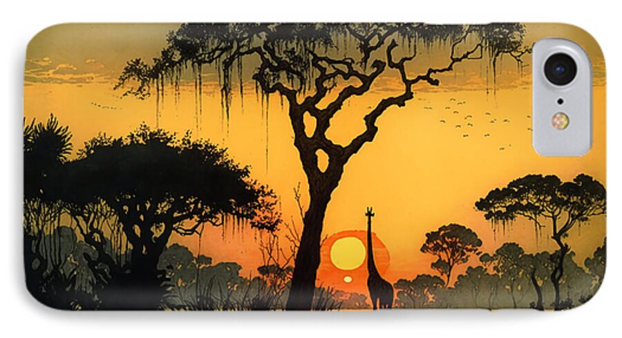 Africa iPhone 7 Case featuring the digital art Sunset in savannah by Kai Saarto
