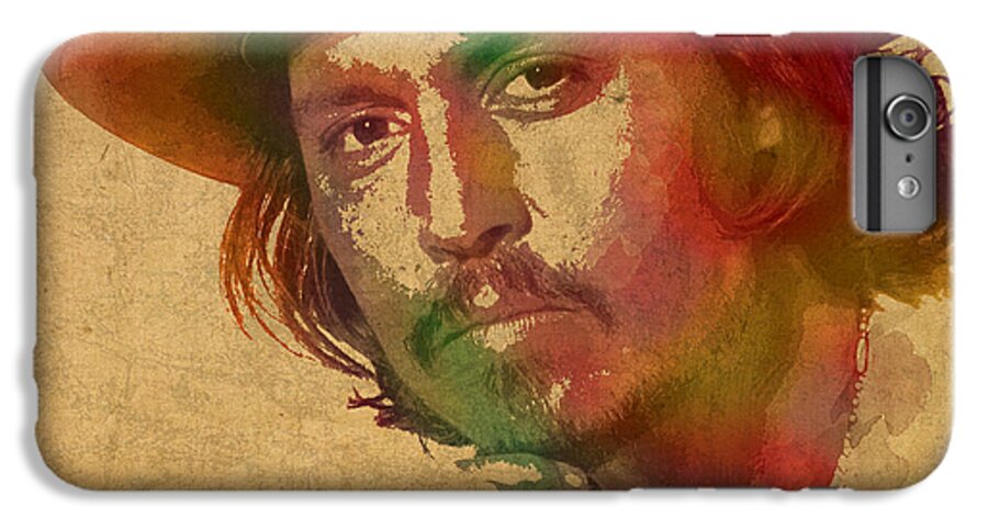 Johnny Depp iPhone 7 Plus Case featuring the mixed media Johnny Depp Watercolor Portrait on Worn Distressed Canvas by Design Turnpike