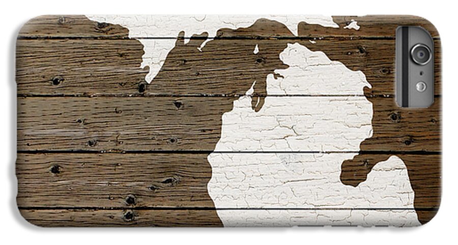 Map Of Michigan iPhone 7 Plus Case featuring the mixed media Map of Michigan State Outline White Distressed Paint on Reclaimed Wood Planks by Design Turnpike
