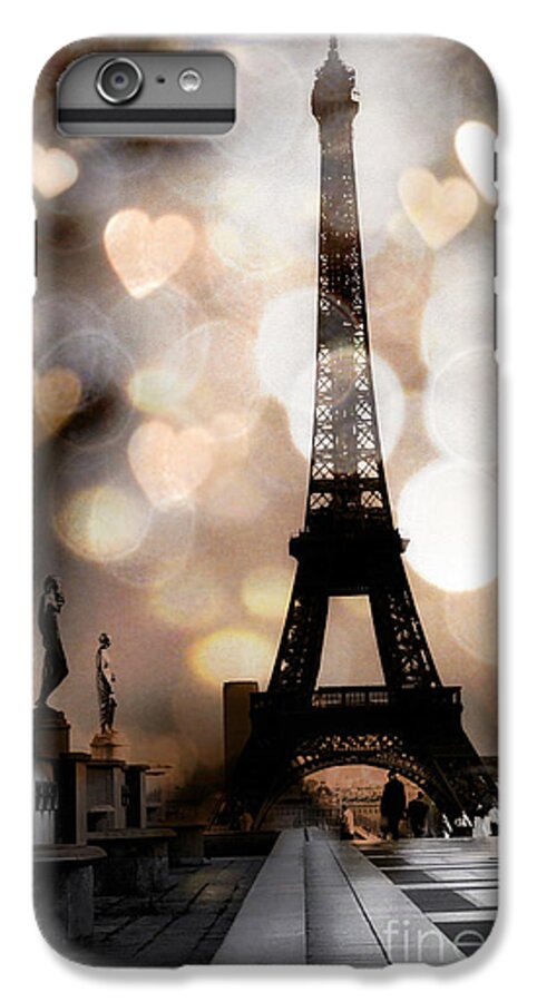 Eiffel Tower iPhone 7 Plus Case featuring the photograph Paris Surreal Fantasy Sepia Black Eiffel Tower Bokeh Hearts and Circles - Paris Eiffel Tower Hearts by Kathy Fornal