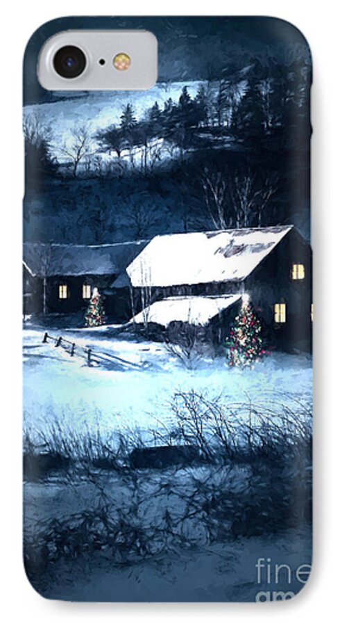 Atmosphere iPhone 8 Case featuring the photograph Snow scene of a farmhouse at night/ digital painting by Sandra Cunningham