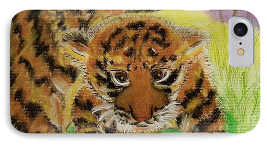 Tiger Cubs Playing iPhone 8 Case featuring the pastel Curiosity by Celeste Manning