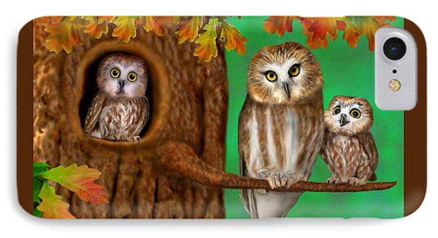 Northern Saw-whet Owls iPhone 8 Case featuring the digital art Serendipity by Glenn Holbrook