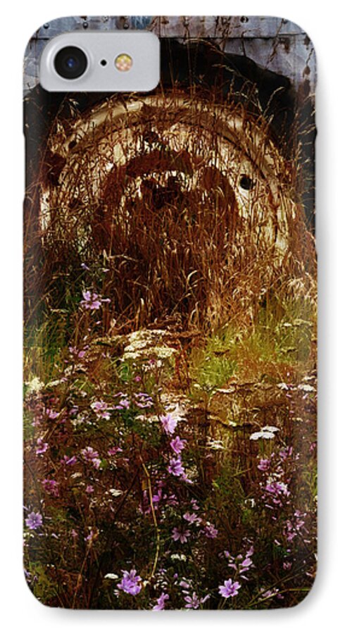 Building; Canterbury; Christchurch; Corrugated; Farm; Flora; Flower; Grass; Iron; New Zealand; Nz; Plant; South Island; Weeds; Rust iPhone 8 Case featuring the photograph The Spare Wheel #1 by Steve Taylor