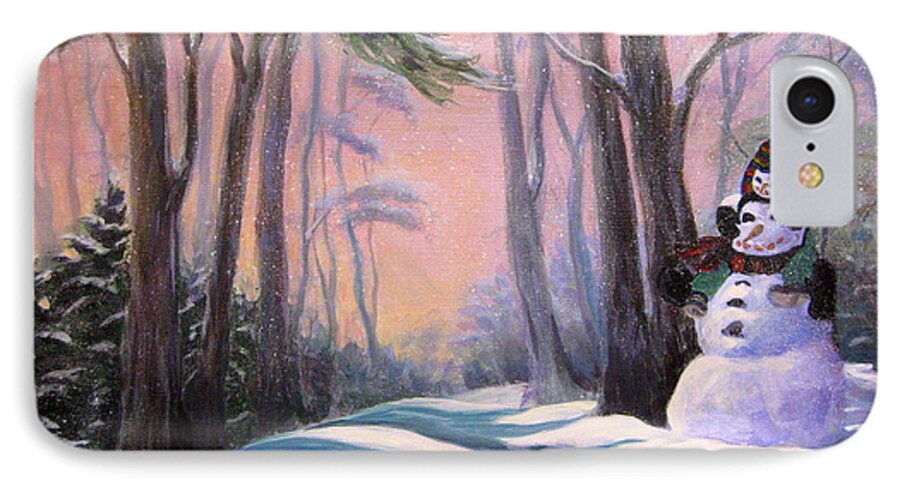 Piggyback Ride iPhone 8 Case featuring the painting Piggyback Ride In Snow by Gretchen Talmage Allen
