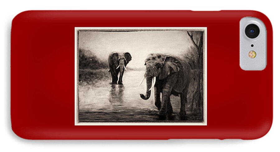 African Elephants iPhone 8 Case featuring the painting African Elephants at Sunset by Sher Nasser