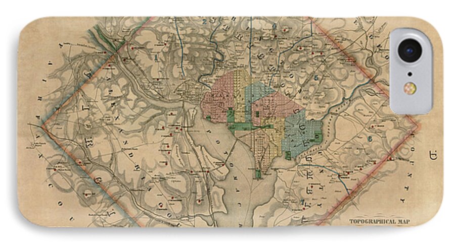 Washington Dc iPhone 8 Case featuring the drawing Antique Map of Washington DC by Colton and Co - 1862 by Blue Monocle