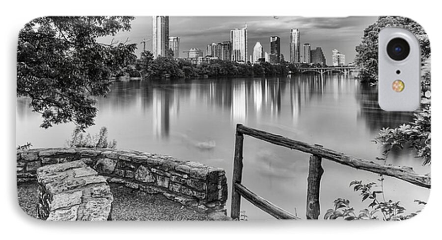 Downtown iPhone 8 Case featuring the photograph Austin Texas Skyline Lou Neff Point in Black and White by Silvio Ligutti