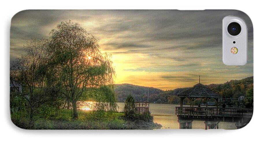 Photography Autumn Nature Sunset Landscape Water Serene Serenity Tranquil Tranquillity Relaxing Relaxation Outdoors Trees Pier Bridge Sun Reflection Sky Clouds North Hatley Quebec Canada Lake Massawippi iPhone 8 Case featuring the photograph Autumn Sunset by Nicola Nobile