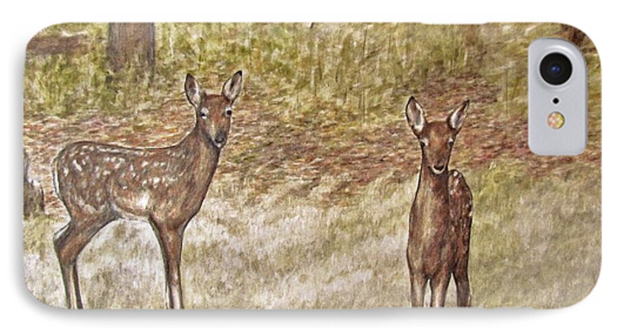 Fawns iPhone 8 Case featuring the drawing Backyard fawns by Meagan Visser