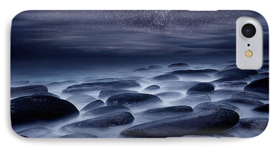 Night Beach Stars Portugal Waterscape Mood Ocean Scenic Landscape Sea Rocks Water Seascape Clouds Blue Longexposure Nature Europe European Milky Way iPhone 8 Case featuring the photograph Beyond our Imagination by Jorge Maia