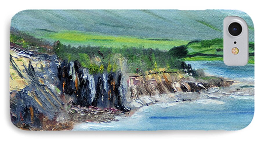 Water Seacoast Coastline Ocean Mountain Cliff Rock Tree Scenic iPhone 8 Case featuring the painting Cabot Trail Coastline by Michael Daniels